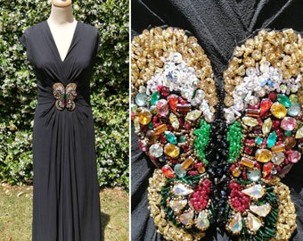 1930s black boho dress, vintage beaded dress, 30s bohemian dress, infinity style, silk chiffon, red carpet dress, elegant style, diva style