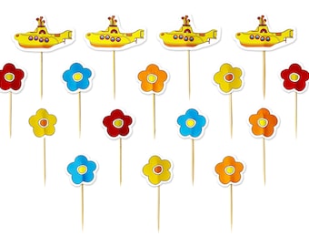 Yellow Submarine Food Picks, PRINTED PRODUCT, Beatles Cupcake Toppers, Yellow Submarine Sandwich, We All Live in a Yellow Submarine, Beatles