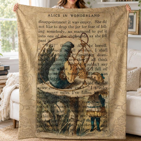 Vintage Alice in Wonderland Blanket Retro Alice and Caterpillar Classic Book Page Storybook Blanket Bookworm Reader Gift