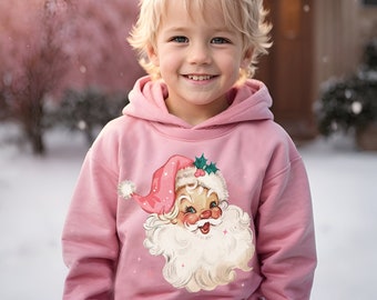 Retro Santa Toddler Pullover Fleece Hoodie, Vintage Santa Claus Sweatshirt, Christmas Sweatshirt, Child's Christmas Hoodie, Pink Santa