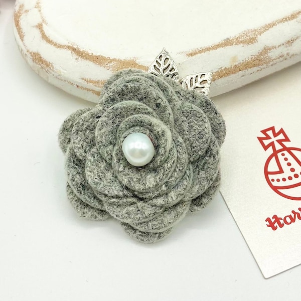 Grey Harris Tweed Flower Brooch with Silver Tone Leaves, Wool Flower Brooch, Corsage Brooch, Gift for Her, Scottish Gift, Leaf Brooch