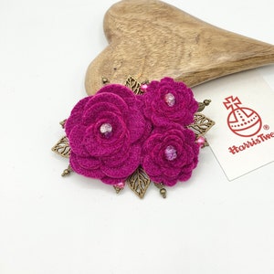 Pink Harris Tweed Flower Brooch with Antique Bronze Leaves and Beaded Detail, Harris Tweed Brooch, Statement Brooch, Rose Jewellery,