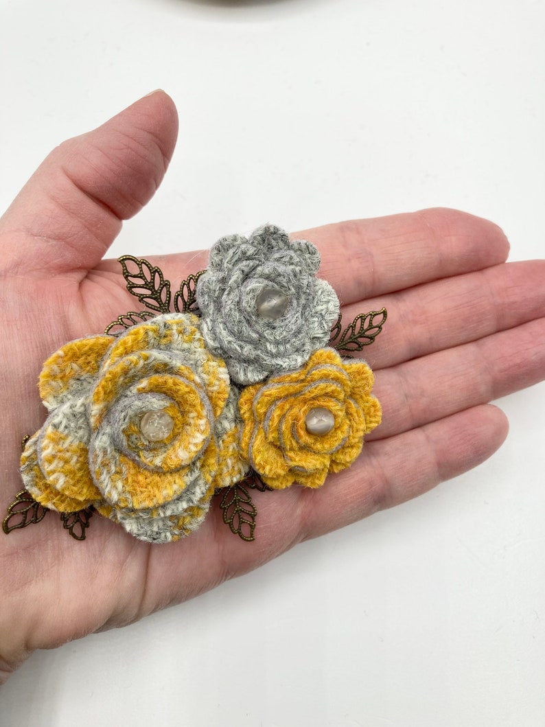 Rose Jewellery Harris Tweed Flower Brooch in Yellow and Grey Spring Brooch Harris Tweed Gift Statement Brooch Harris Tweed Brooch