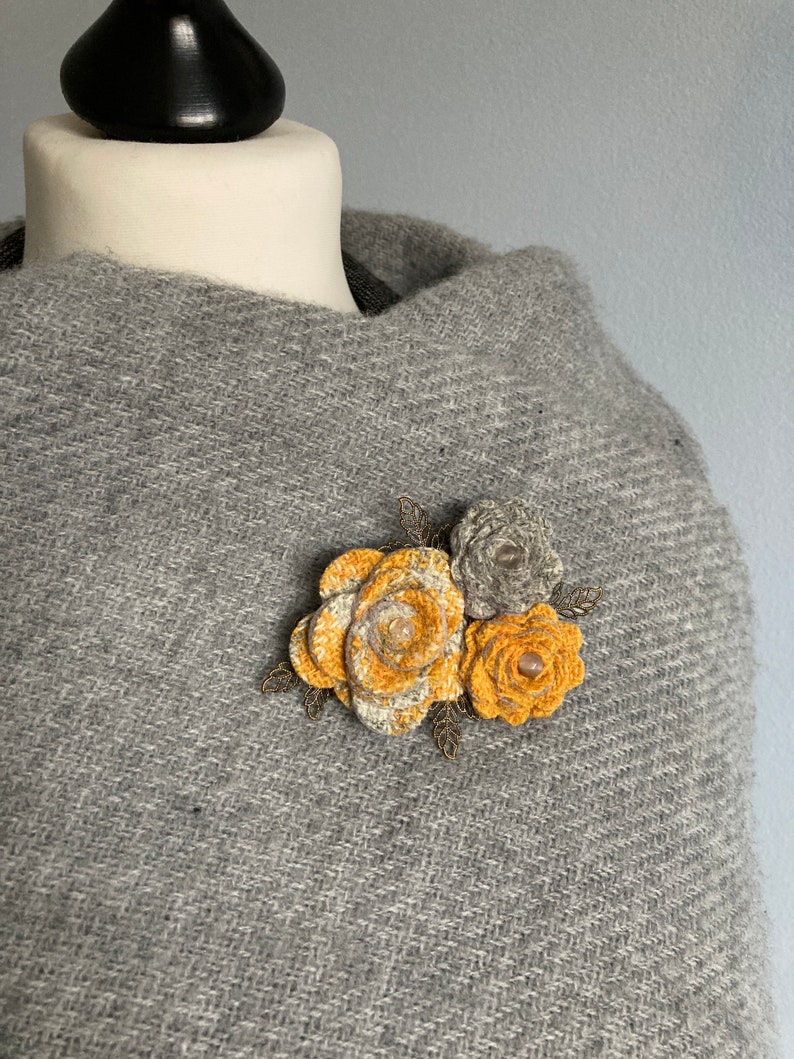 Rose Jewellery Harris Tweed Flower Brooch in Yellow and Grey Spring Brooch Harris Tweed Gift Statement Brooch Harris Tweed Brooch