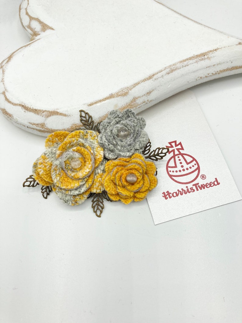 Rose Jewellery Harris Tweed Flower Brooch in Yellow and Grey Spring Brooch Harris Tweed Gift Statement Brooch Harris Tweed Brooch