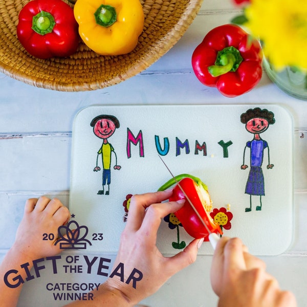Mummy's Personalised Chopping Board with Child's Drawing | Glass Custom Cutting Board | Kid's Drawing | Kitchen Gift Idea | Mothers Day gift
