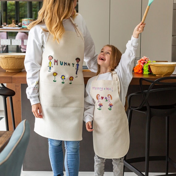 Personalised Mother and Child Apron Set Mothers Day Apron Child's Drawing  Kids Artwork Matching Family Aprons Baking Apron 