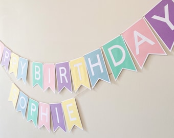 Bannière anniversaire pastel personnalisée : décoration de fête avec prénom personnalisé