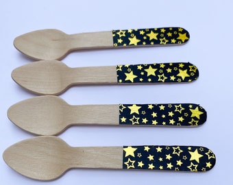 Cucharas de madera para Halloween: decoración de fiesta con estrellas negras y doradas (juego de 10)