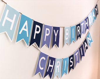 May include: A blue and white banner with the words "Happy Birthday Christian" on it.