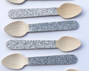 Cucharas de madera con purpurina plateada: decoraciones para fiestas de Frozen, juego de 10