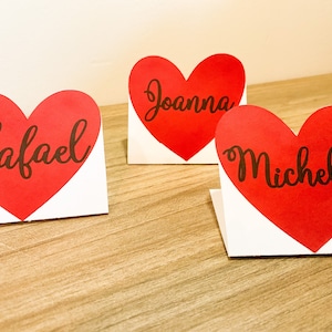Cartões de lugar em forma de coração para o Dia dos Namorados, cartão de presente em forma de coração para o Dia dos Namorados, decoração de festa de Dia dos Namorados, decoração de festa de Galentines