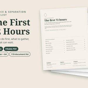 Puede incluir: Una lista de verificación para divorcio y separación titulada The First 72 Hours. El documento incluye un PDF rellenable de 17 páginas, formatos US Letter y A4, y una lista de 110 documentos. Texto verde oscuro sobre un fondo beige claro.