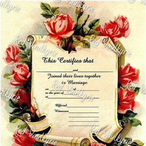 May include: Vintage marriage certificate with a scroll design, surrounded by red roses and green leaves. The certificate includes the text "This Certifies that" and spaces for names, date, and witnesses. The overall color scheme is cream, red, and green.