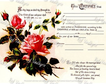 Victorian Wedding Marriage Certificate ~ Roses & Bible Scripture ~ 8.5" X 11"