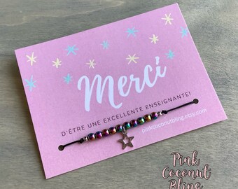 Thank You Bracelet for Teachers | French Thank You Cards | Adjustable Bracelets for Teachers