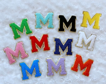 Appliqués colorés avec lettres de A à Z brodées en chenille avec fer à repasser, écussons lettres pour prénom, écussons thermocollants, écussons lettres bleu marine