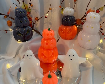 Halloween Jack-o-Lantern, Ghost, and Pumpkin Candles. Sizes range from 1&quot;-4 1/2&quot; tall.  Customizable. Free gift wrap available.