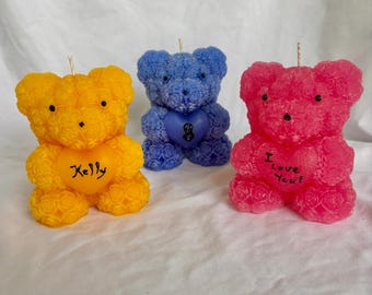 Teddy Bear Message Heart Candles 3 3/4"tall x 3"w. Customizable, Handmade. Birthday party, Baby Shower, All Occassion- Send some love.