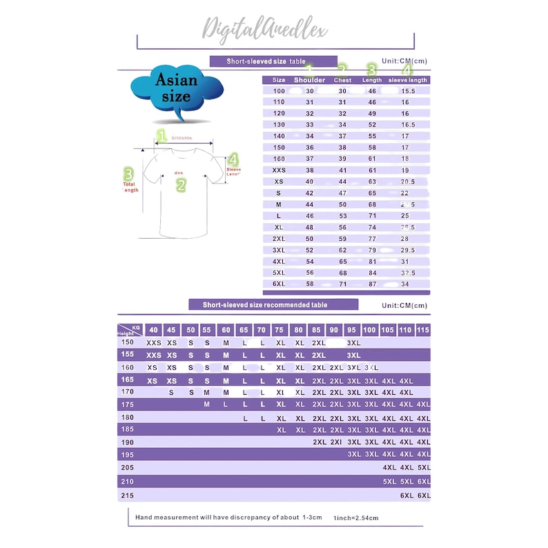 May include: Size chart for short-sleeved shirts in Asian sizes. The chart shows measurements in centimeters for shoulder, chest, length, and sleeve length. A separate chart shows recommended sizes based on height in centimeters.