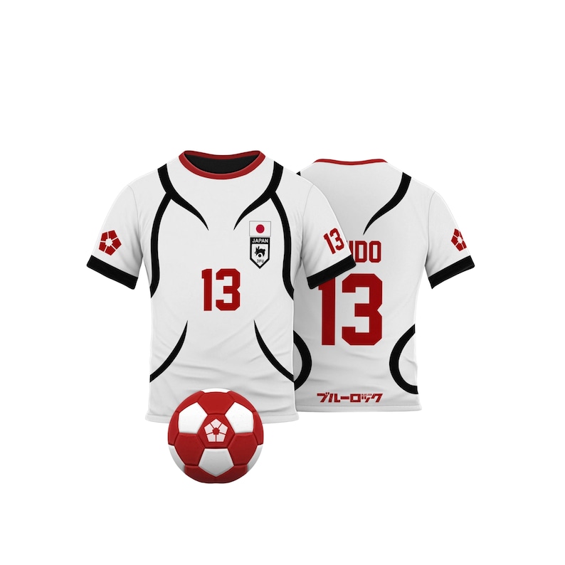 K&ouml;nnte beinhalten: Wei&szlig;es Fu&szlig;balltrikot mit roten Akzenten und der Nummer 13. Das Trikot hat schwarze geschwungene Linien und ein japanisches Flaggenemblem. Ein rot-wei&szlig;er Fu&szlig;ball liegt vor dem Trikot.