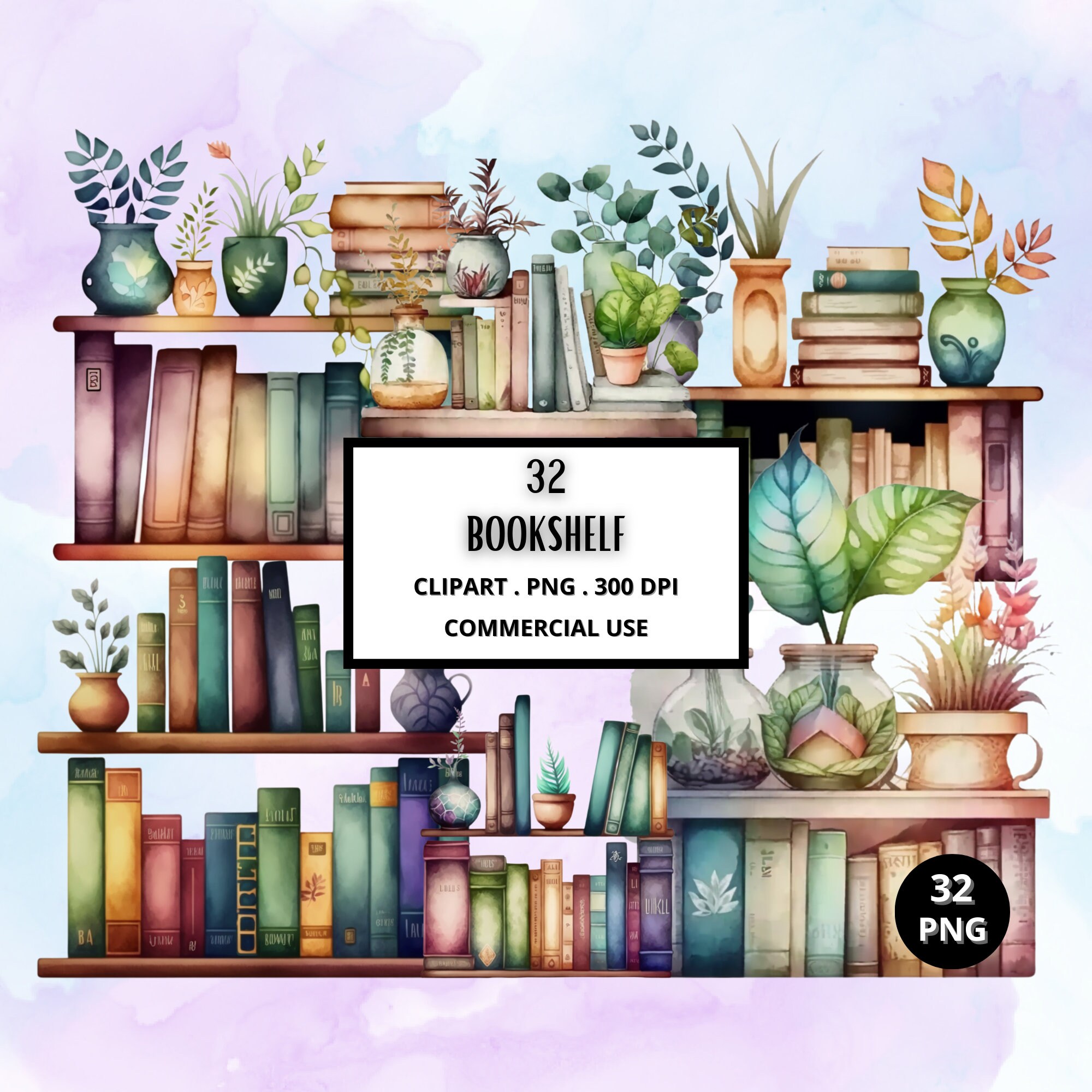 Watercolor Bookshelf Cozy Reading Clipart Bundle, Bookshelf, Bookcase, Aesthetic, Png, Clipart