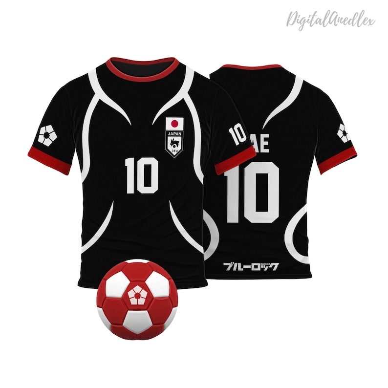 May include: Black and white soccer jersey with red trim and the number 10 on the front and back. The jersey has a white design on the front and back. The jersey has a small Japanese flag with the word "Japan" and a wolf logo on the front. The jersey also has the word "Blue Lock" in Japanese on the back. A red and white soccer ball is in the foreground.
