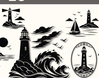 Puede incluir: Un paquete de 10 ilustraciones de faros en blanco y negro con varios diseños náuticos, incluyendo faros en costas rocosas, un velero, una gran ola rompiendo, pájaros, nubes, una rosa de los vientos y un ancla en marcos circulares.