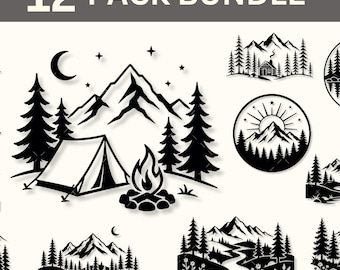 Puede incluir: Un paquete de 12 ilustraciones vectoriales en blanco y negro con escenas de naturaleza al aire libre. Los diseños incluyen cadenas montañosas, bosques de pinos, una tienda de campaña con fogata, una luna creciente, estrellas y ríos.