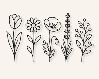 Puede incluir: Una ilustración de arte lineal en blanco y negro que presenta cinco elementos botánicos distintos: un tulipán, una margarita, una amapola, una rama de lavanda y una rama de bayas. El texto 'Designs Nook' es visible en una insignia gris arriba a la izquierda.