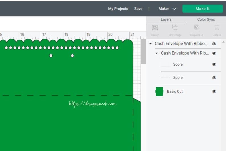 May include: A green cash envelope template with a scalloped edge and a dashed line for scoring. The template is designed for use with a cutting machine and includes the text "https://designsnook.com".