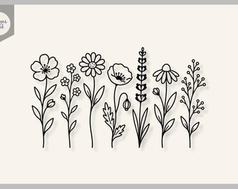 Puede incluir: Una ilustración de arte lineal en blanco y negro que presenta siete flores silvestres distintas dispuestas en fila. El diseño incluye un pequeño logotipo en la esquina superior izquierda con el texto Designs Nook. Las flores tienen un estilo simple.