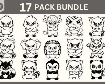 Puede incluir: Un paquete de 17 ilustraciones en blanco y negro con varios animales, incluyendo un pato, una vaca highland, una rana, un cerdo, un oso, un elefante, un erizo, un búho, una cabra, un zorro, un mapache, un pingüino, un gato y un panda.