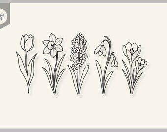 Puede incluir: Una ilustración de arte lineal en blanco y negro que presenta cinco flores de primavera distintas dispuestas en fila. El diseño incluye un tulipán, un narciso, un jacinto, una campanilla de invierno y un azafrán. El texto Designs Nook aparece en una insignia gris.