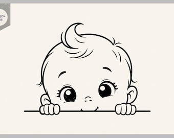Puede incluir: Una ilustración de arte lineal en blanco y negro de un bebé asomándose por encima de una línea horizontal. El bebé tiene ojos grandes, una nariz pequeña y un rizo de pelo en la parte superior de la cabeza. El texto Designs Nook es visible arriba a la izquierda.