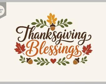 Puede incluir: Un diseño gráfico con el texto Thanksgiving Blessings en fuentes cursivas de color marrón y naranja. El texto está rodeado por ilustraciones de hojas verdes, hojas de arce rojas, una hoja de roble amarilla, bellotas marrones y un pequeño corazón rojo.