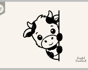 Peeking Cow SVG, Cute Baby Cow SVG, Animal Peek Decal, Cricut Cut File, Silhouette Clipart, Kawaii Baby Cow PNG, Nursery Decor, Kids