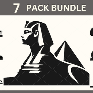 May include: A black and white graphic design featuring seven Sphinx illustrations and the text "7 PACK BUNDLE". The Sphinx figures are in various poses, with a pyramid in the background. The design is on a white background.