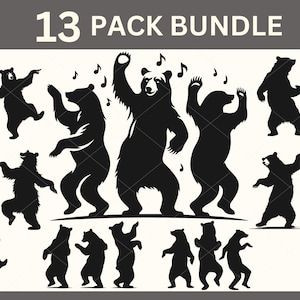 Peut inclure: Un ensemble de 13 images de silhouettes noires d'ours dansant. Les ours sont dans différentes poses, certains tenant leurs pattes en l'air et d'autres se balançant les hanches. Les images sont parfaites pour une utilisation dans l'artisanat, le scrapbooking ou la conception numérique.