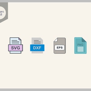 May include: Four file format icons: a pink SVG icon, a blue DXF icon, a gray EPS icon, and a blue PNG icon.