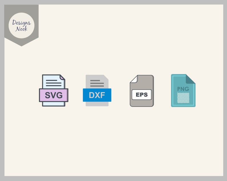 May include: Four file format icons: a pink SVG icon, a blue DXF icon, a gray EPS icon, and a blue PNG icon.