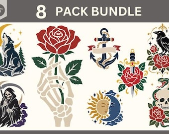 Puede incluir: Un paquete de 8 diseños de tatuajes temporales que incluye un lobo aullando, una mano esquelética sosteniendo una rosa roja, un ancla, una daga atravesando una rosa, un cuervo sobre una rosa, la parca, sol y luna, y una serpiente sobre una calavera.