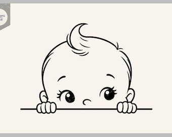 Puede incluir: Una ilustración de arte lineal en blanco y negro de un bebé asomándose por encima de una línea horizontal. El bebé tiene un rizo de pelo en la parte superior de la cabeza, ojos grandes con pestañas visibles y manos pequeñas sobre la línea. El texto Designs Nook es visible.