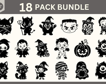 Puede incluir: Un paquete de 18 ilustraciones vectoriales en blanco y negro con temática de Halloween que incluye un murciélago, diablo, monstruo, Frankenstein, búho, zombi, parca, vampiro, cuervo, calabaza, cíclope, lobo, gato, bruja, momia y fantasma.