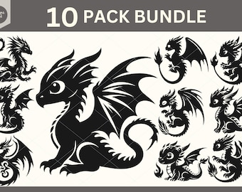 May include: A set of 10 black and white silhouette illustrations of dragons. The dragons are in various poses, some with wings spread and some with wings folded. The illustrations are perfect for use in crafts, scrapbooking, or digital design.