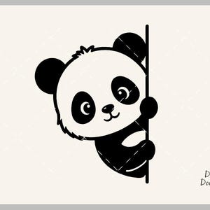 May include: A black and white panda illustration peeking around a vertical line. The panda has large eyes and is smiling. The image includes the text "Designs Nook" and "Digital Download".