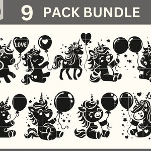 Einhorn SVG, Einhorn hält einen Ballon SVG, Einhorn SVG Bundle, schneidbares Design, svg, dxf, png Verwenden Sie mit Silhouette Studio & Cricut, Vektoren