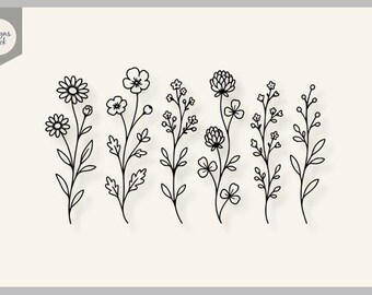 Paquete minimalista de archivos SVG de flores silvestres / Arte lineal floral estilo cottagecore en formato SVG / Flores botánicas en formato SVG / Archivo de corte de flores silvestres / SVG para Cricut / Silhouette