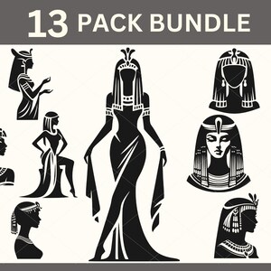 May include: A black and white graphic bundle featuring 13 stylized illustrations of Egyptian women. The women are depicted in various poses and with ornate headdresses and jewelry. The text "13 PACK BUNDLE" is at the top.
