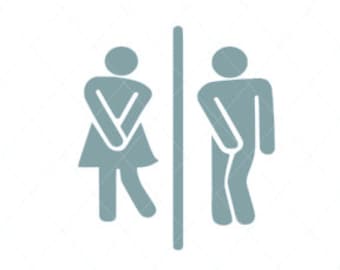 May include: A blue and white restroom sign with a stick figure of a person in a skirt and a stick figure of a person in pants.